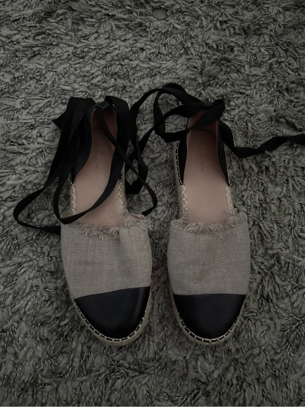 Caslon Beige Canvas Espadrilles with Black Cap Toe and Tie Ribbons